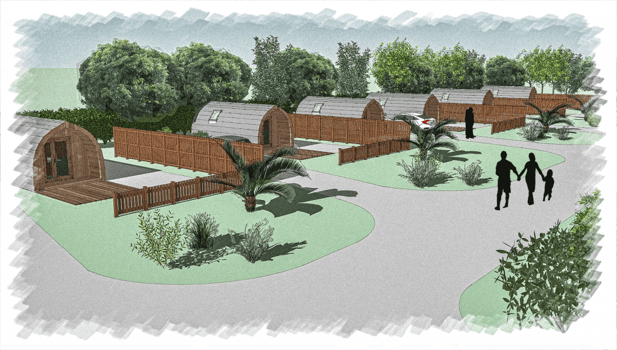 Computerised rendering of a glamping site