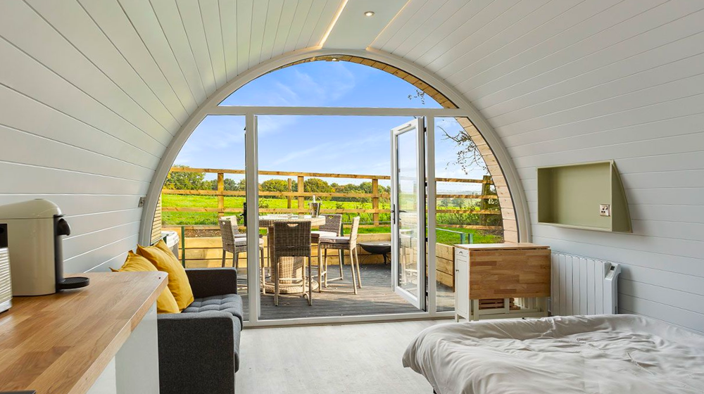 Inside a glamping pod