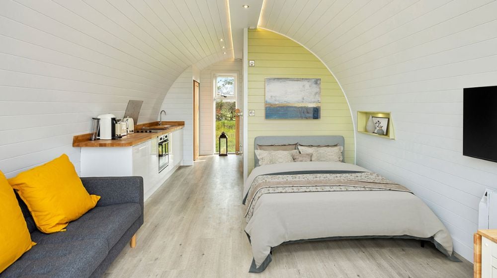 Stylish glamping pod interior